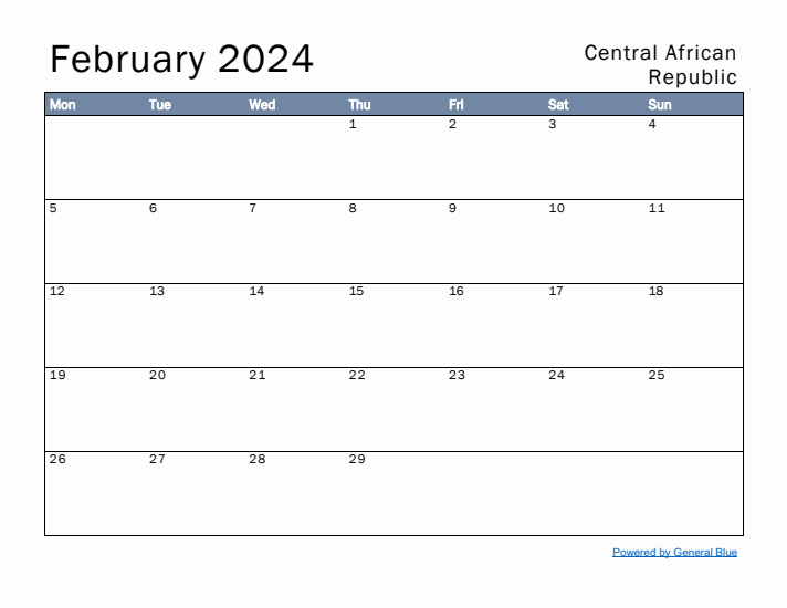 February 2024 Simple Monthly Calendar for Central African Republic