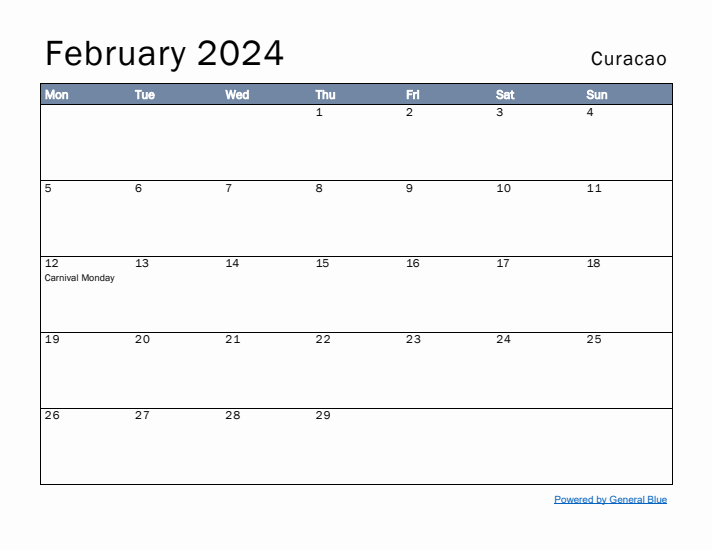 February 2024 Simple Monthly Calendar for Curacao