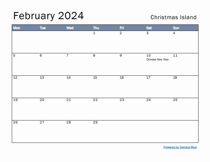 February 2024 Simple Monthly Calendar for Christmas Island