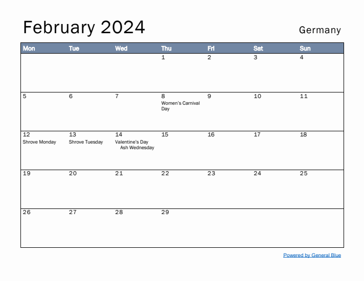 February 2024 Simple Monthly Calendar for Germany