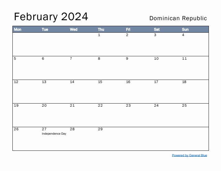 February 2024 Simple Monthly Calendar for Dominican Republic