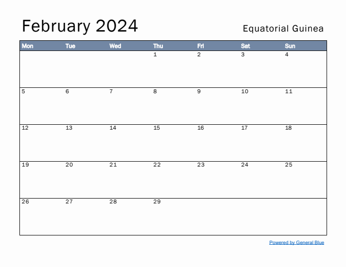 February 2024 Simple Monthly Calendar for Equatorial Guinea