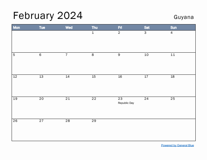 February 2024 Simple Monthly Calendar for Guyana