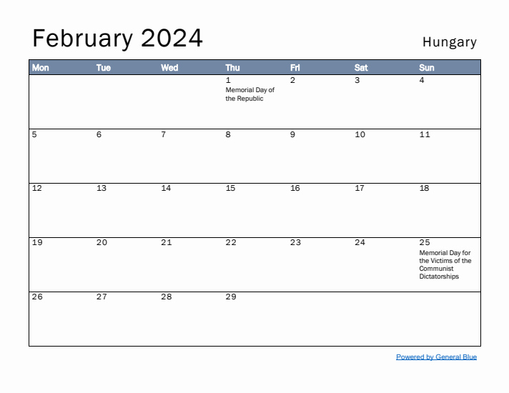 February 2024 Simple Monthly Calendar for Hungary