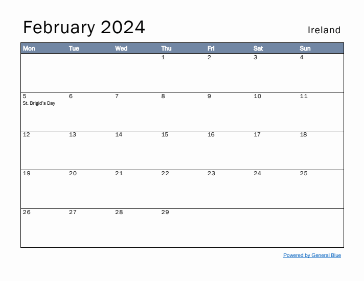 February 2024 Simple Monthly Calendar for Ireland