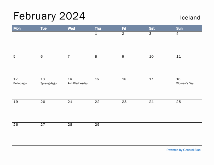 February 2024 Simple Monthly Calendar for Iceland