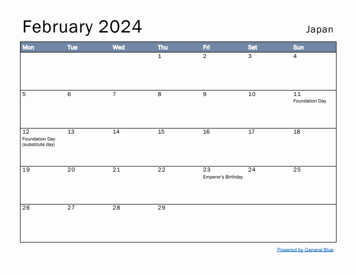 February 2024 Simple Monthly Calendar for Japan