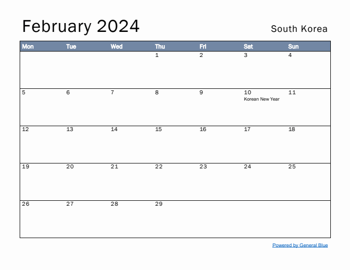 February 2024 Simple Monthly Calendar for South Korea