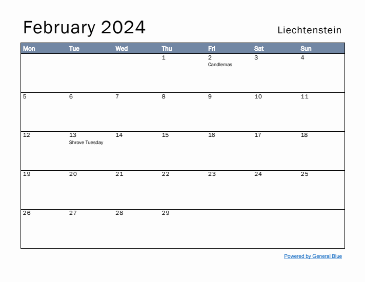 February 2024 Simple Monthly Calendar for Liechtenstein