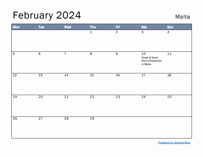 February 2024 Simple Monthly Calendar for Malta