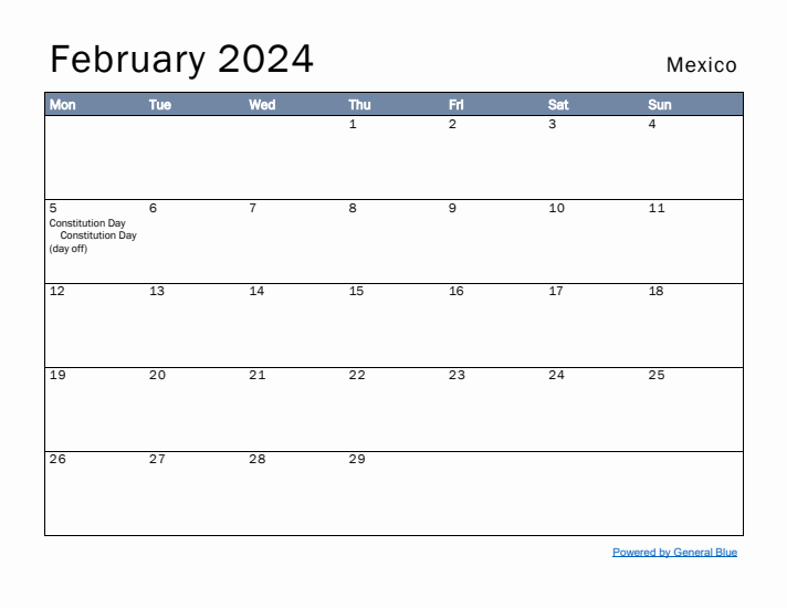 February 2024 Simple Monthly Calendar for Mexico