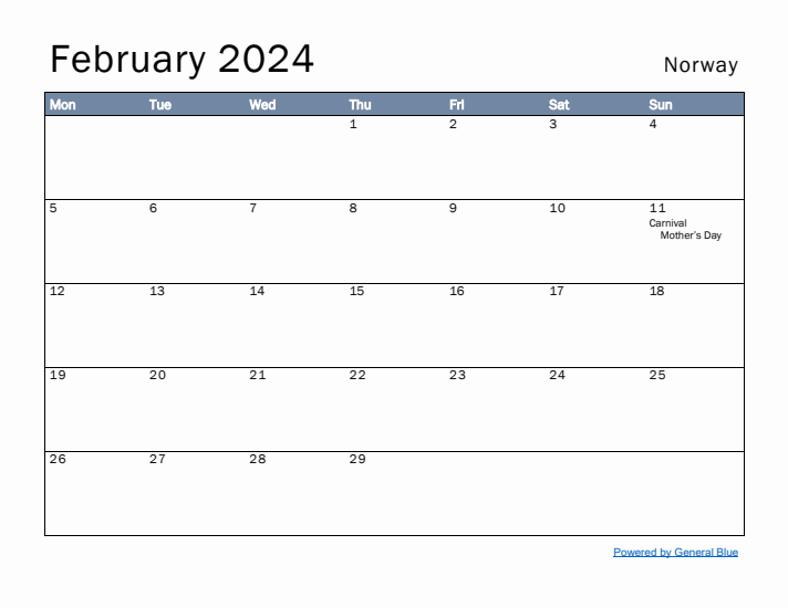 February 2024 Simple Monthly Calendar for Norway