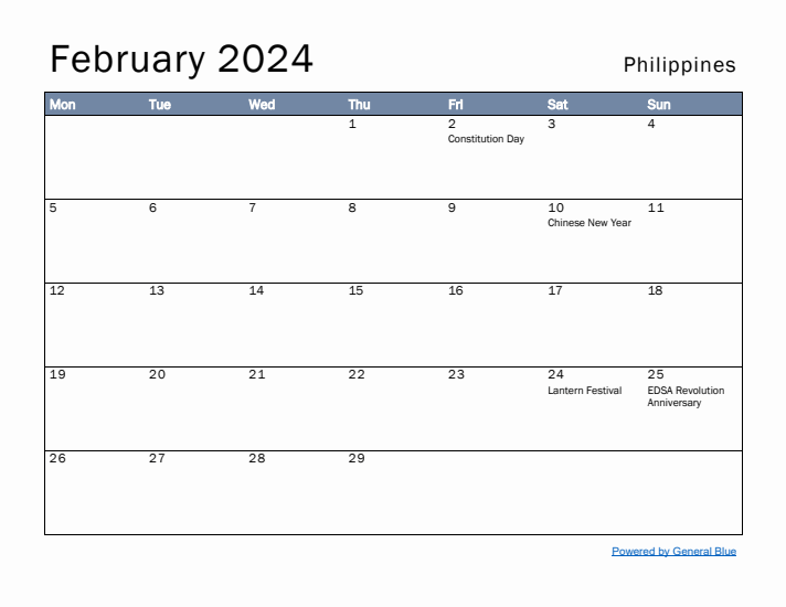 February 2024 Simple Monthly Calendar for Philippines