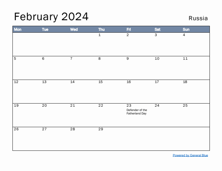 February 2024 Simple Monthly Calendar for Russia