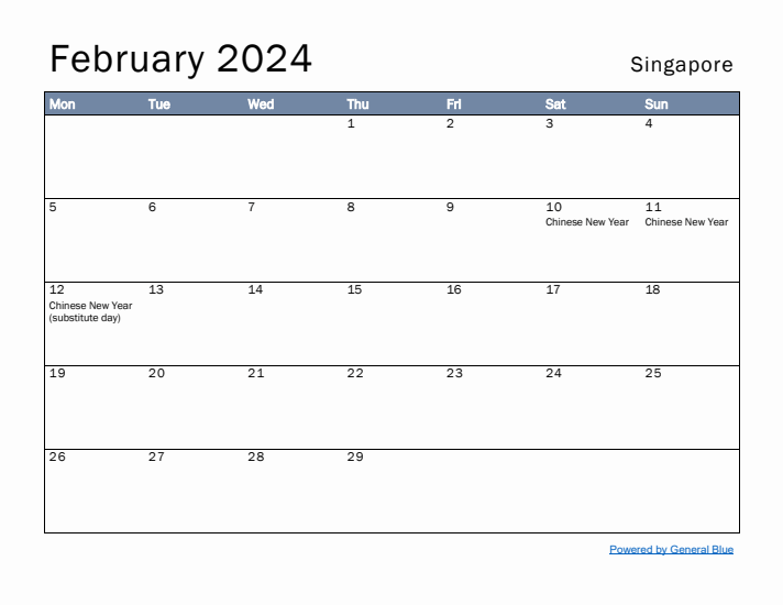 February 2024 Simple Monthly Calendar for Singapore