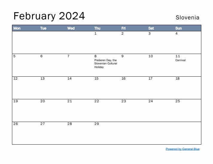 February 2024 Simple Monthly Calendar for Slovenia