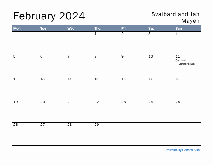 February 2024 Simple Monthly Calendar for Svalbard and Jan Mayen