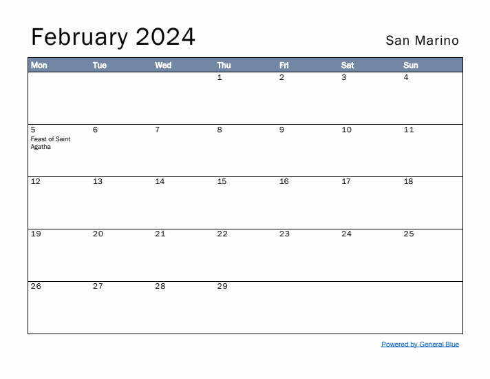 February 2024 Simple Monthly Calendar for San Marino