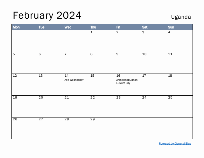 February 2024 Simple Monthly Calendar for Uganda