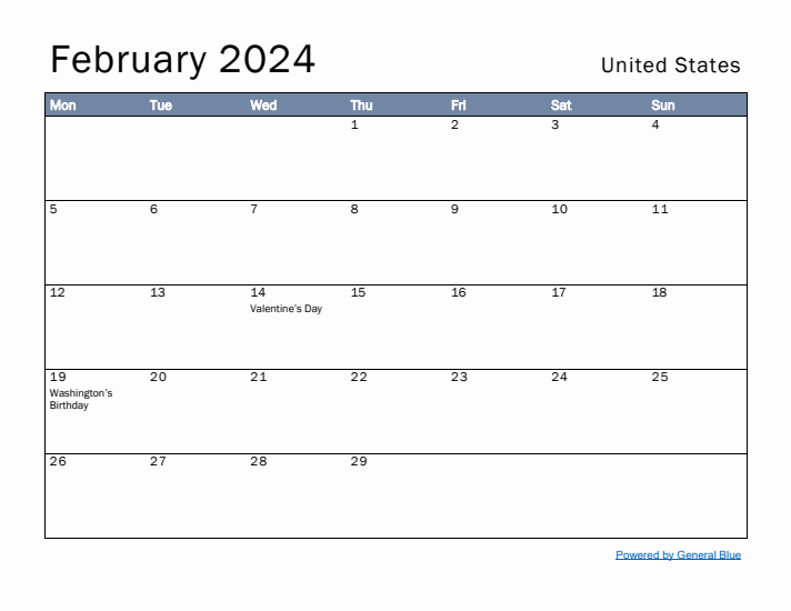 February 2024 Simple Monthly Calendar for United States