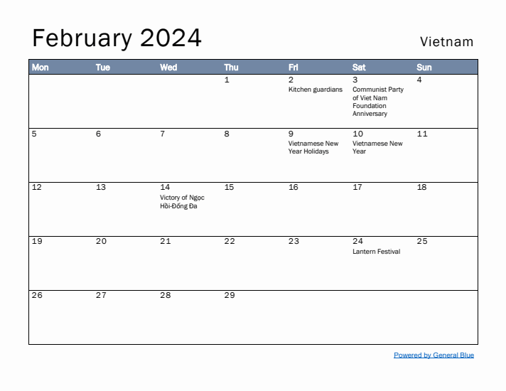 February 2024 Simple Monthly Calendar for Vietnam