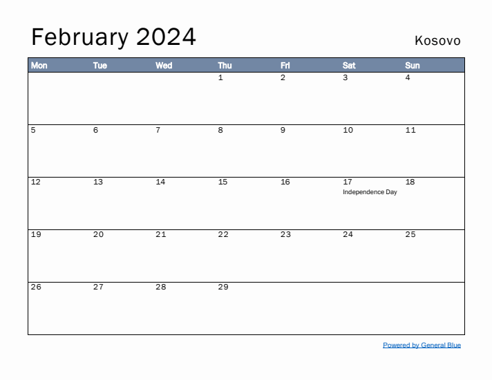 February 2024 Simple Monthly Calendar for Kosovo