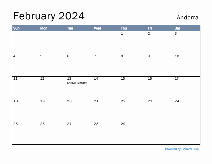 February 2024 Simple Monthly Calendar for Andorra