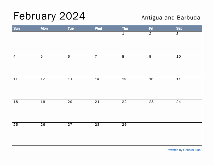 February 2024 Simple Monthly Calendar for Antigua and Barbuda