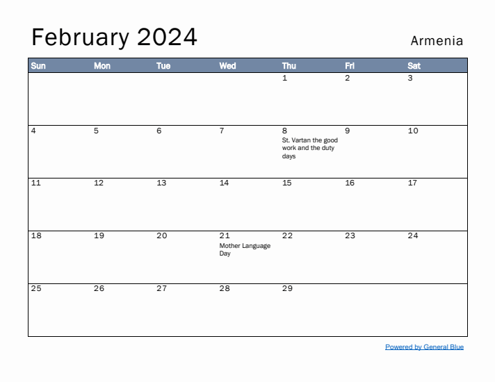 February 2024 Simple Monthly Calendar for Armenia