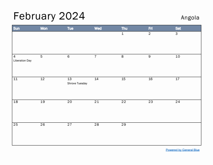 February 2024 Simple Monthly Calendar for Angola