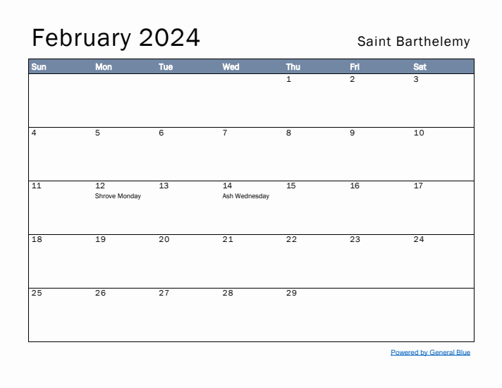 February 2024 Simple Monthly Calendar for Saint Barthelemy