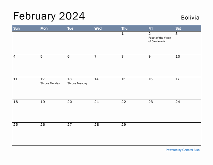 February 2024 Simple Monthly Calendar for Bolivia