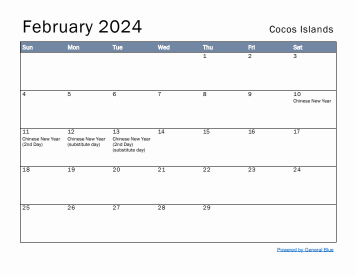 February 2024 Simple Monthly Calendar for Cocos Islands