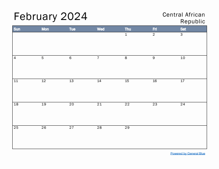 February 2024 Simple Monthly Calendar for Central African Republic