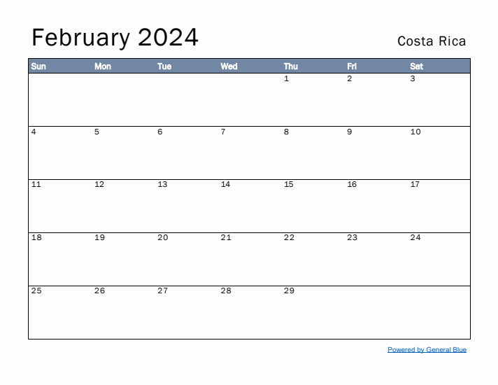 February 2024 Simple Monthly Calendar for Costa Rica