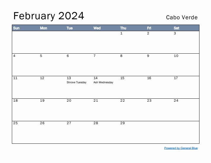 February 2024 Simple Monthly Calendar for Cabo Verde