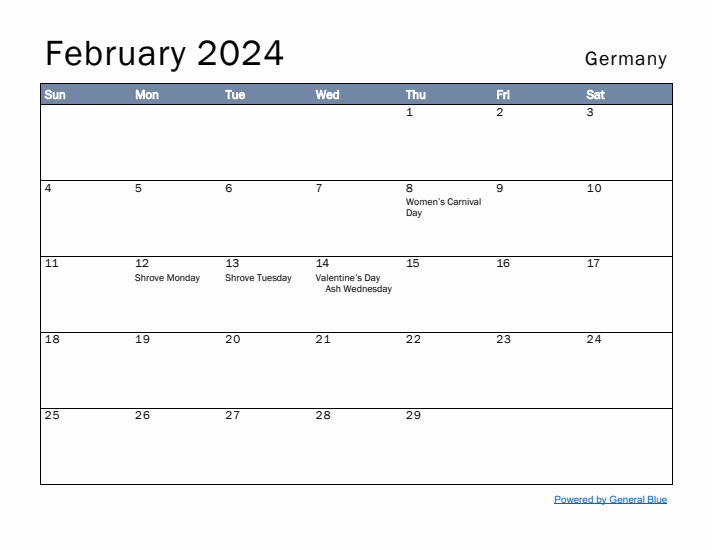 February 2024 Simple Monthly Calendar for Germany