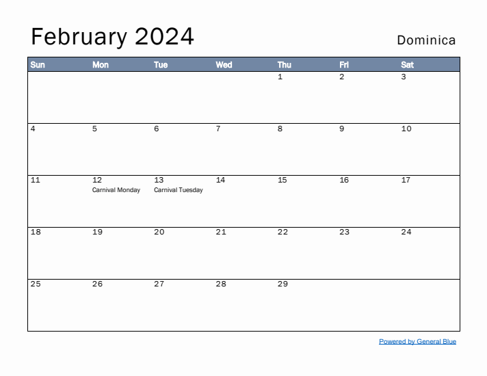 February 2024 Simple Monthly Calendar for Dominica