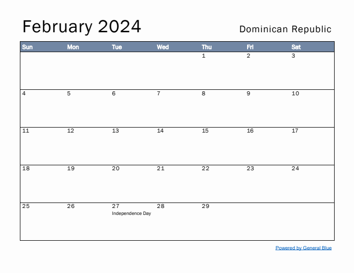 February 2024 Simple Monthly Calendar for Dominican Republic