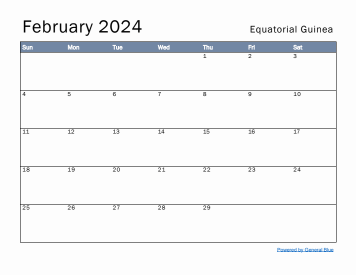 February 2024 Simple Monthly Calendar for Equatorial Guinea