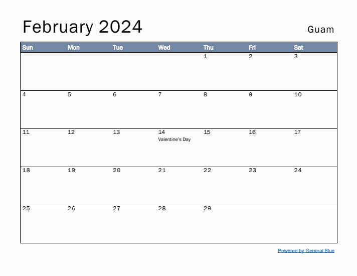 February 2024 Simple Monthly Calendar for Guam