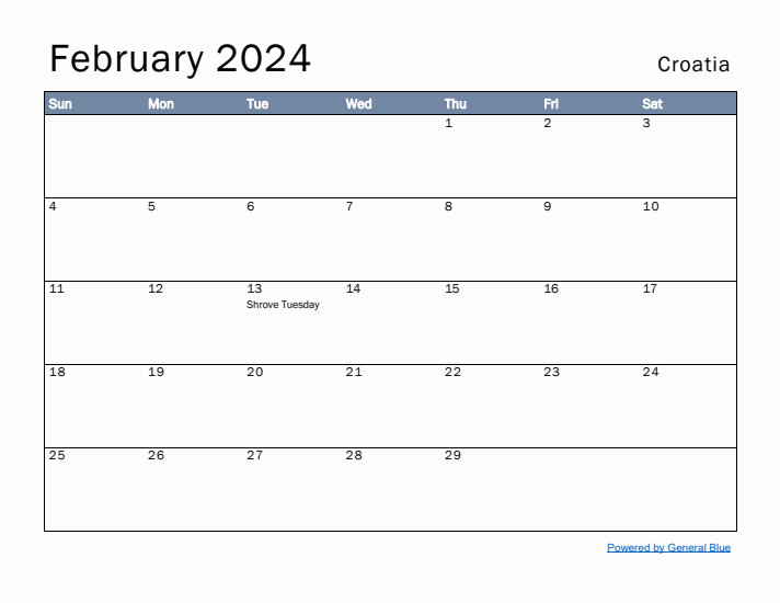 February 2024 Simple Monthly Calendar for Croatia