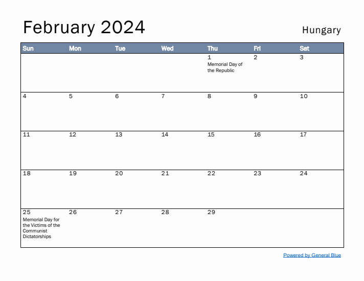 February 2024 Simple Monthly Calendar for Hungary