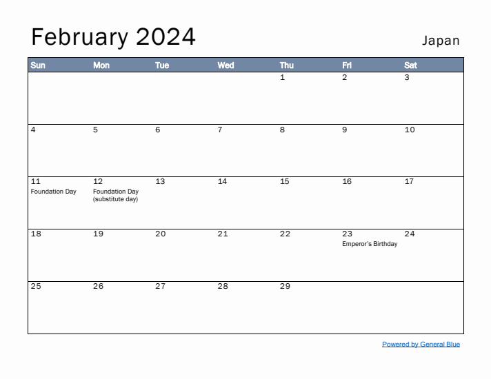 February 2024 Simple Monthly Calendar for Japan