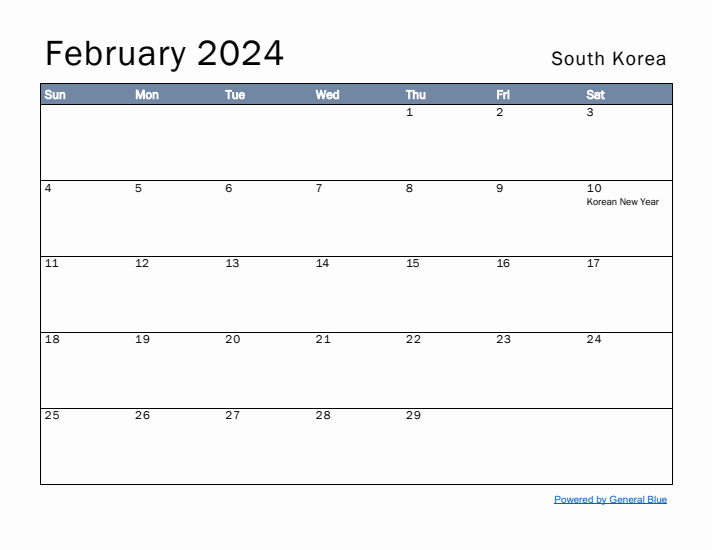 February 2024 Simple Monthly Calendar for South Korea