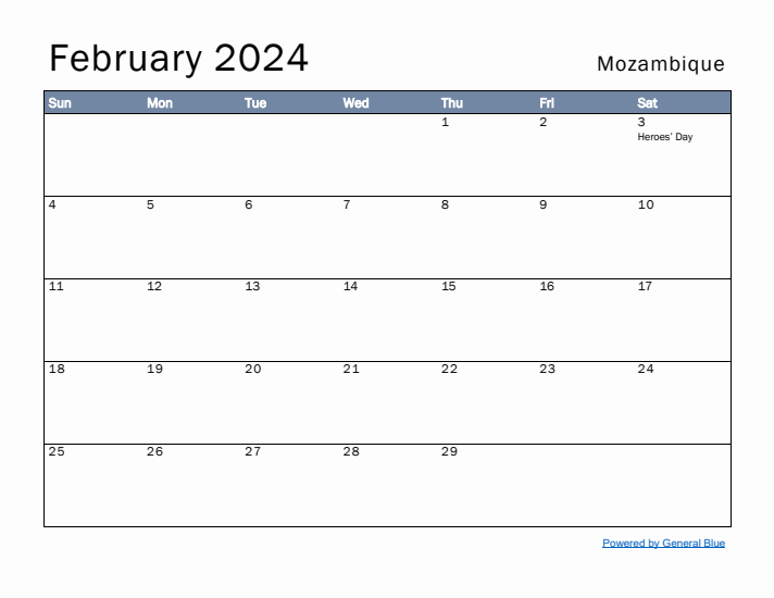 February 2024 Simple Monthly Calendar for Mozambique