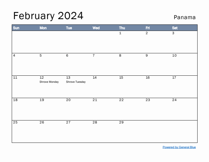 February 2024 Simple Monthly Calendar for Panama