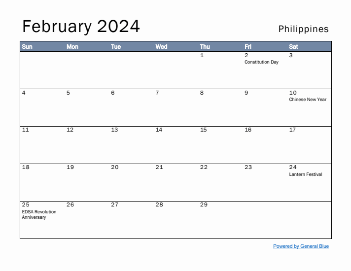 February 2024 Simple Monthly Calendar for Philippines