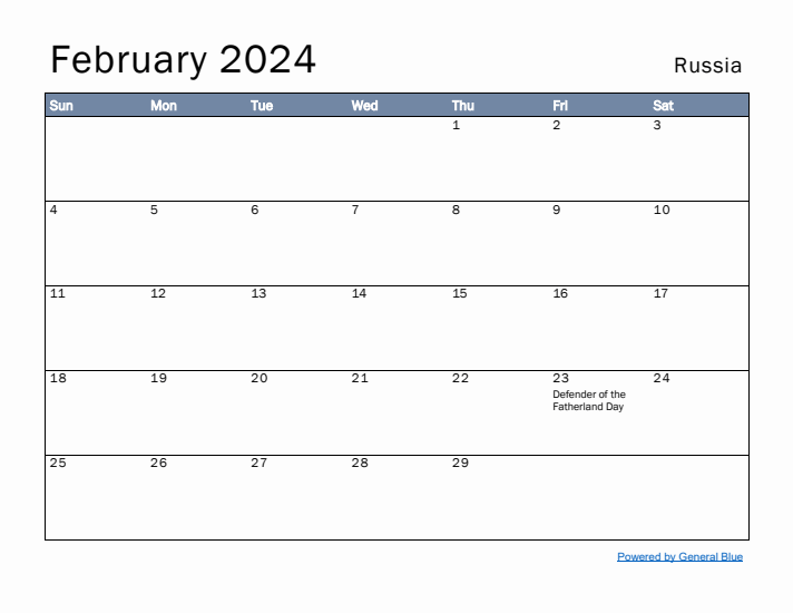 February 2024 Simple Monthly Calendar for Russia