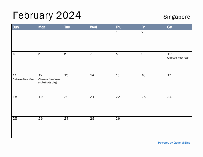 February 2024 Simple Monthly Calendar for Singapore